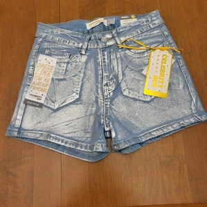 Celebrity Ace Silver Metallic Denim Shorts, Size 5/27. New - Picture 1 of 3