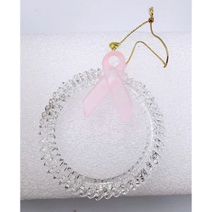 Clear Glass Wreath Pink Ribbon Ornament Breast Cancer Awareness Gift - Picture 1 of 1