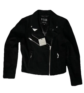 Veda Womens Black Moto Goat Suede Full Zip Biker Cropped Jacket Collared Size M - Picture 1 of 13