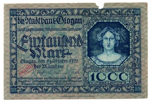 1000 MARK VG CANCELLED BANKNOTE FROM GERMAN OCCUPIED POLAND/GLOGOW 1922 - Picture 1 of 2