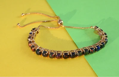 Bracciale Bolo Tondo Opale Nero 5 MM Oro Giallo su Argento Sterling 7 Carati - Immagine 1 di 4