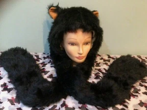 Hood Scarf Mitts Black Bear Faux Animal Far Ladies Girl Boys Unisex  - Picture 1 of 6