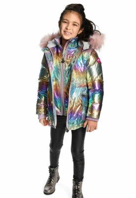 ❤️ 12 14 Appaman NUEVO Abrigo de Invierno Niñas Arco Iris Piel Rosa Con Capucha Largo Puffer ❤️ Foto 1 de 3