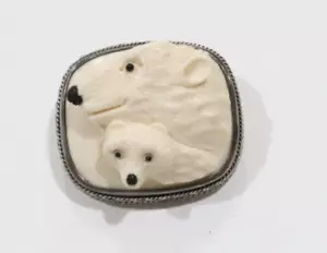 Vintage Canada Korite Sterling 925 geschnitzt Eisbär mit Jungtier Brosche Anhänger Alaska - Bild 1 von 9