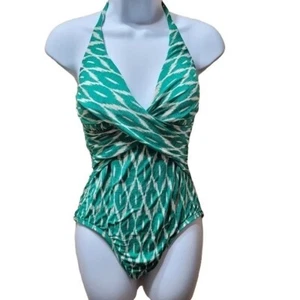Robin Piccone Women's Size 10 Green Ikat Print Twist Halter One-Piece Swimsuit - Picture 1 of 6