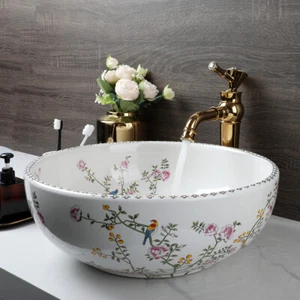 US Bathroom Vessel Sink Round Ceramic Golden Mixer Deck Mounted Faucet Set Drain - Picture 1 of 12