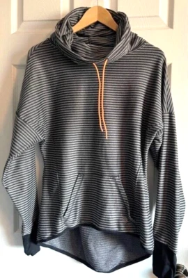 MPG Pullover Hoodie Sweatshirt Dark Light Gray Stripe High Neck Thumb Holes M - Image 1 of 4
