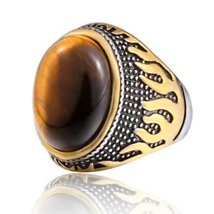 Men's Stainless Steel Gold Flame Tiger Eye Signet Ring (Size 7 - 13, US Seller) - Picture 1 of 3