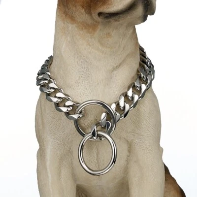 Collar de perro cadena de eslabones cubanos de acero inoxidable tono dorado de 15 mm para perros S,M,L Foto 1 de 4