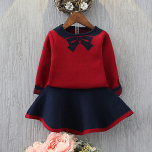 2-teilig Kinder Baby Mädchen Outfits Langarm Rot Strick Pullover Mantel Oberteile + Rock Set