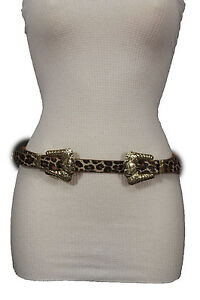 New Women Leopard Thin Belt Fashion Animal Print Gold Double Western Buckle S M