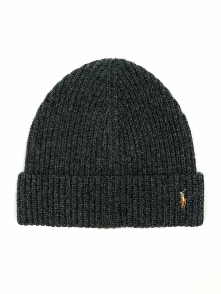 Polo Ralph Lauren Signature Pony Gray Cuffed Wool Blend Beanie Hat O/s