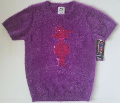 Trolls World Tour Poppy Short Sleeve Purple Fuzzy Sweater w/ Pink Sequin Size L - Image 1 of 4