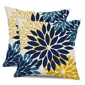 Blue Yellow Flower Pillow Covers 22x22 Inch 22" x 22" (Pack of 2) Blue Yellow2 - Picture 1 of 7