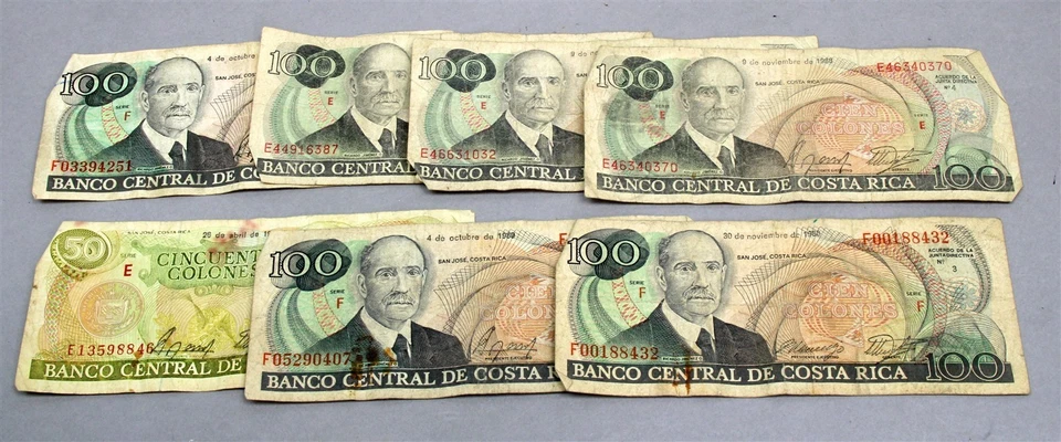Lot of 7 BANKNOTES COSTA RICA 50/100 Colones 1987-1990 Paper Money - Image 1 of 1