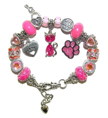 Кошка браслет с сверкающий розовый европейские бусины и подвески, любитель кошек, любовь мой кот - Изображение 1 из 4