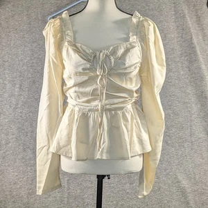 Six Fifty elfenbeinfarbene Damenbluse Größe Medium gesmokte Puffschultern Milkmaid Goth - Bild 1 von 12