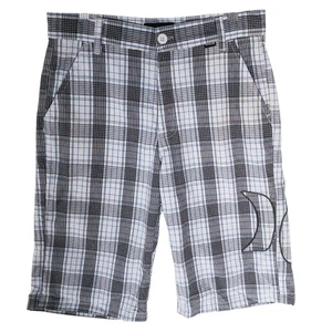 Hurley Shorts Plaid White Black Blue Classic Cotton New Tag fits Boys Size 14 28 - Picture 1 of 12