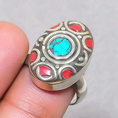 Tibetan Turquoise Coral Handmade Bohemian Jewelry Nepali Adjustable Ring SR 3028 - Image 1 of 4