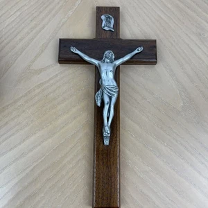 Vintage religiös INRI Jesus Christus Silber Kruzifix Kreuz Wandbehang 10" Holz - Bild 1 von 4