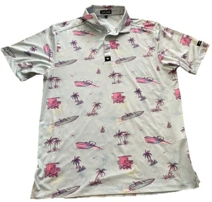 Bad Birdie Golf Polo Men Size L Yacht Rock Blue Stretch Palm Trees Boats Beach - Picture 1 of 10