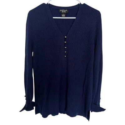 Peck & Peck Luxury Navy Blue Ribbed V Neck Cashmere Sweater Women's Size L - Image 1 of 4