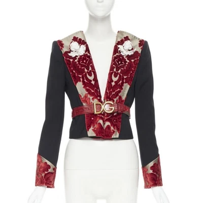 DOLCE GABBANA black wool gold red velvet cherub brooch belted blazer IT40 - Image 1 of 4