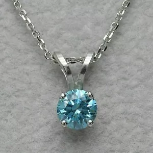 2Ct Round-Cut Blue Diamond Solitaire Pendant Necklace 14K White Gold Finish - Picture 1 of 3