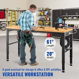 Adjustable Height Workbench 61"L x 20"W Work Bench Table w/ Power Outlets - Picture 1 of 9