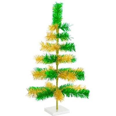 St Patrick's Day Christmas Tree Shiny Green Gold Tinsel Wood Base Tabletop Decor - Image 1 of 4