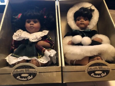 2 PC LOT COLLECTABLE MEMORIES HANDCRAFTED AFRICAN AMERICAN BISQUE DOLL 6.5" - Image 1 of 3