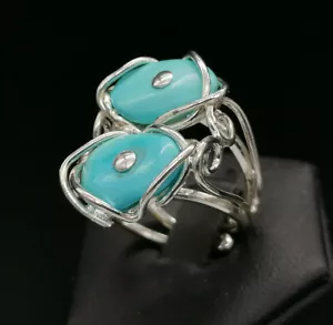 Ring Frauen Echt Türkis Silber Weiß 925 Einstellbar Band Geöffnet Hand Made - Bild 1 von 10