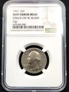 1967 25c Washington Quarter Struck on 5c Planchet Mint Error NGC MS 61 RARE2067 - Picture 1 of 4