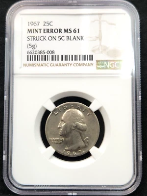 1967 25c Washington Quarter Struck on 5c Planchet Mint Error NGC MS 61 RARE2067 - Image 1 of 4
