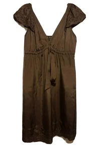 ESPRIT Brown Silk Satin Empire Flutter Sleeves Floral Eyelet Dress 10 8 6 L M - Picture 1 of 11