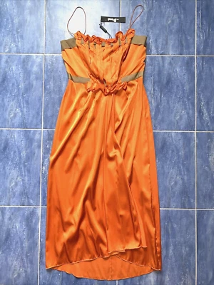 Vestido Elie Tahari MIDI Y2K Coqueta Mandarina Naranja Seda Volantes Plisado Talla 6 $598 Foto 1 de 4