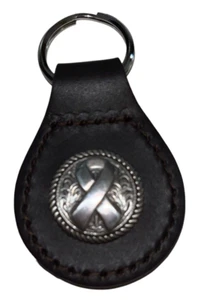 Black Leather Silver Awareness Ribbon Concho Key Ring Chain NEW Unisex - Picture 1 of 2