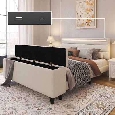 Upholstered Bed Frame with Storage Ottoman, LED Platform Bed with Headboard - Image 1 of 4