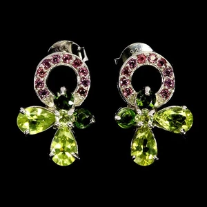 925 Sterling Silver Earrings Pear Peridot 6x4mm Rhodolite Gemstone Jewelry - Picture 1 of 13