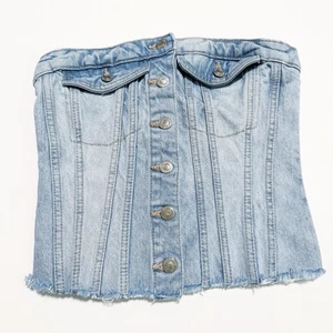 Zara Denim Buttonfly Bustier Top helle Waschung Gr. S - Bild 1 von 9