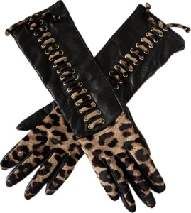 Diane Von Furstenberg DVF Leather & Pony Hair Leopard Corset Long Gloves 6.5 - Picture 1 of 6
