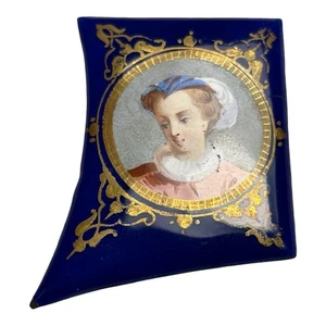 Antique Miniature Enamel Cobalt Portrait of Woman on Copper Backing - Picture 1 of 7