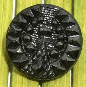 Antique Jet Black Glass Button Geometric Art Deco Relief Tunnel Shank 1/2" - Picture 1 of 6