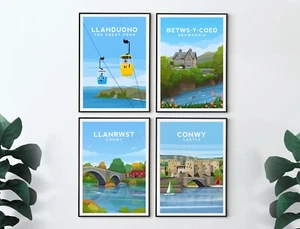 Set of 4 Conwy Wales Prints, Llandudno - Llanrwst - Betws Y Coed Travel Wall Art - Picture 1 of 9