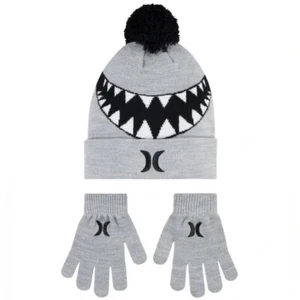 Boys 8-20 Hurley Sharkbait Pom Beanie Hat & Gloves Set Dk Grey Heather - Picture 1 of 1