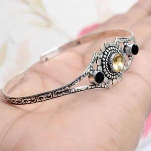 Citrine Topaz & Black Onyx Gemstone 925 Sterling Silver Women Gift Bangle Cuff - Picture 1 of 7