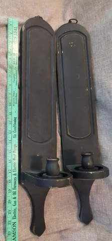 1970'S MCM PAIR OF WOOD WALL SCONCE CANDLE FARMHOUSE BLACK 24" VTG Cover