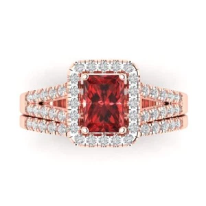 Juego de anillos de boda 1,60 esmeralda corte redondo granate rojo oro rosa 14k - Imagen 1 de 11