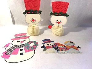 2 Vtg Hallmark Snowman Christmas Centerpiece + 2 Die Cuts Honeycomb Tissue Paper - Picture 1 of 12