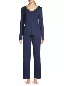 Cosabella PERUGIA Navy Blue Black Lace Trim Long Sleeve Top Pant Pajama Set - M - Picture 1 of 6